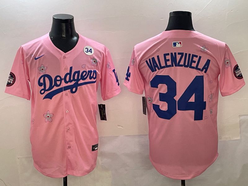 Men Los Angeles Dodgers 34 Valenzuela Pink Sakura Edition 2025 Nike MLB Jersey style 8